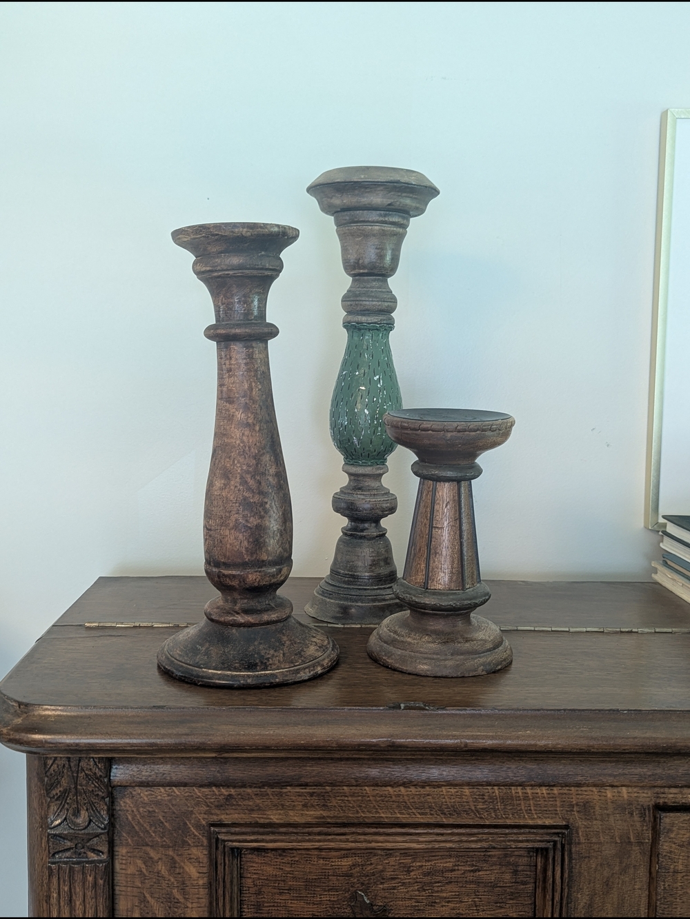 Vintage Boho Carved Wood Pillar Candlestick Holder Trio